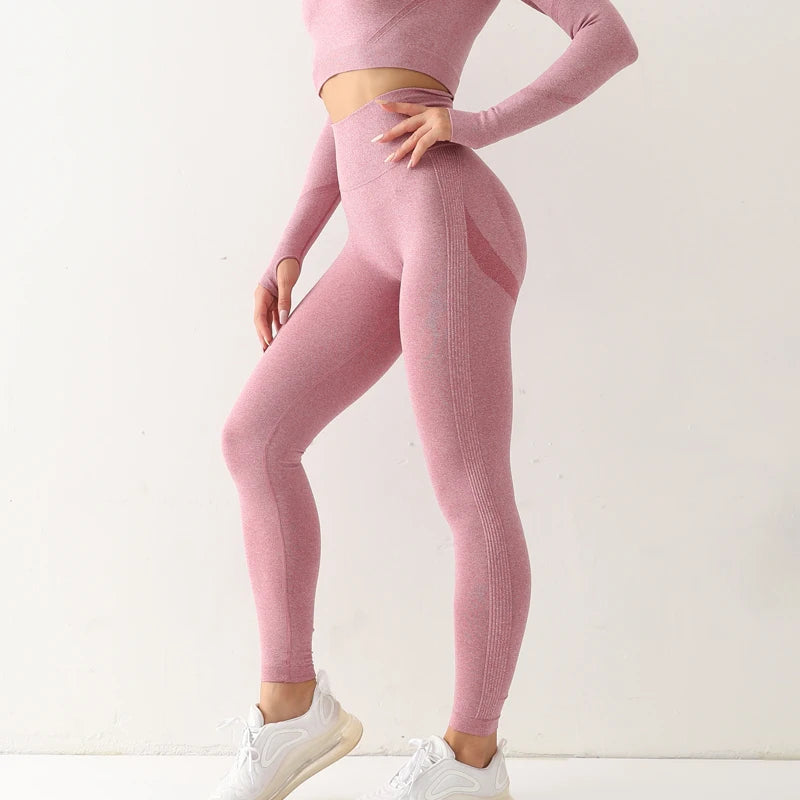 Leggings de sport sans couture pour femmes, taille haute, élastiques et solides, parfaits pour le yoga, le jogging, avec un séchage rapide et un effet push-up, un pantalon slim polyvalent.