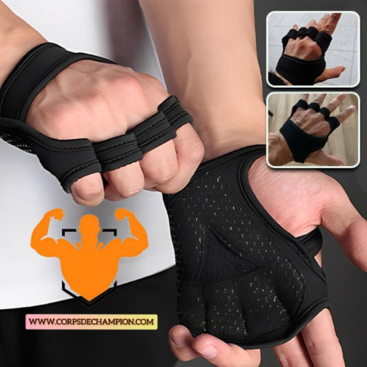 Gants pour musculation noirs avec design en gel de silice, antidérapants, conçus pour une prise solide et un confort optimal.
WWW.CORPSDECHAMPION.COM 